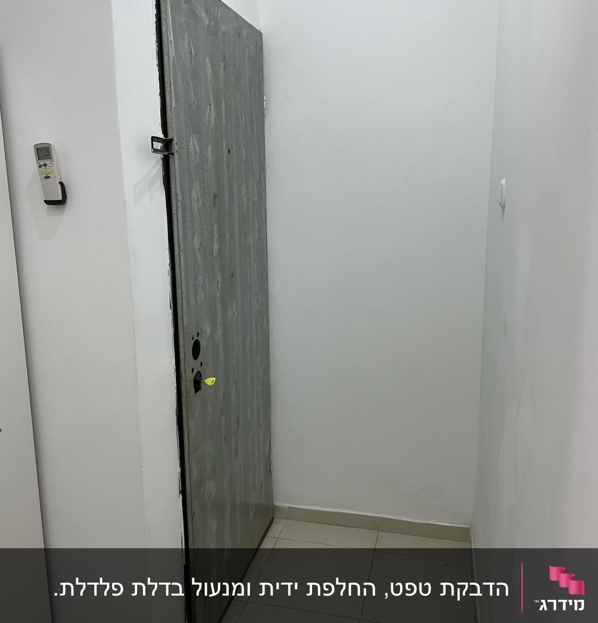 דלת מתכת עם מנעול וידית צהובה